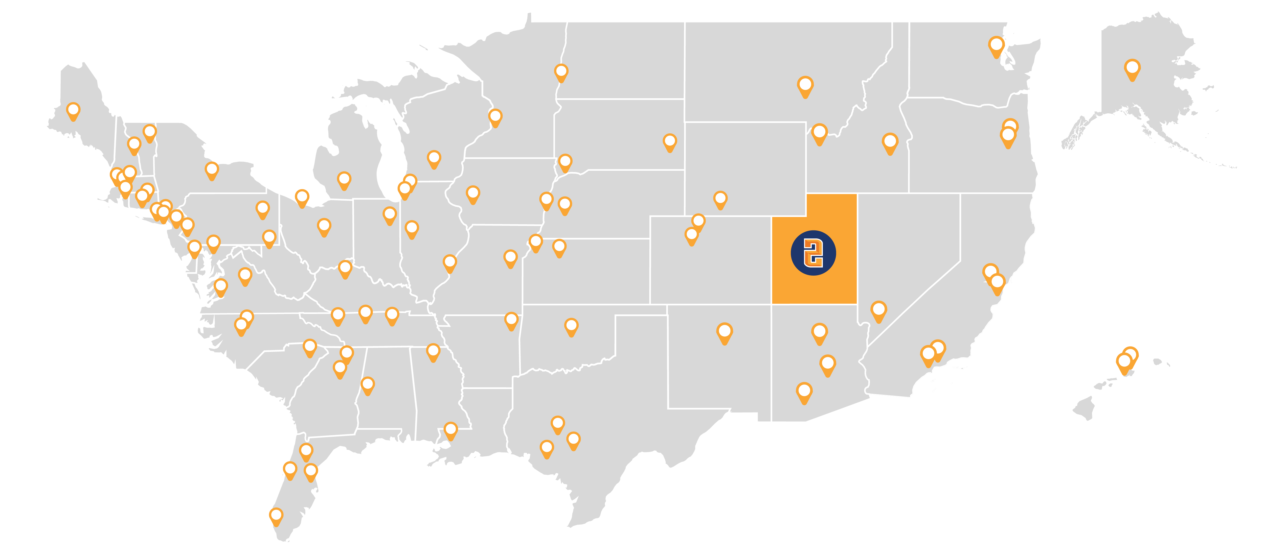 United states map with orange pins placed to transferable universities.